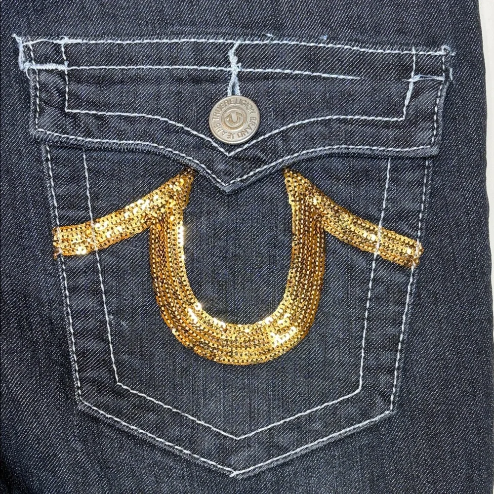 True Religion Joey Cut Off Blue Denim Shorts with Gold Accents Size 30